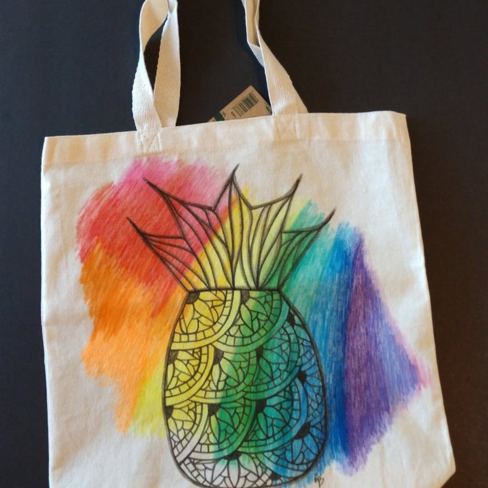 Handmade Reusable Tote Bag With Hand Painted Rainbow Pineapple Artwork 15x16x4 - Picture 15 of 16